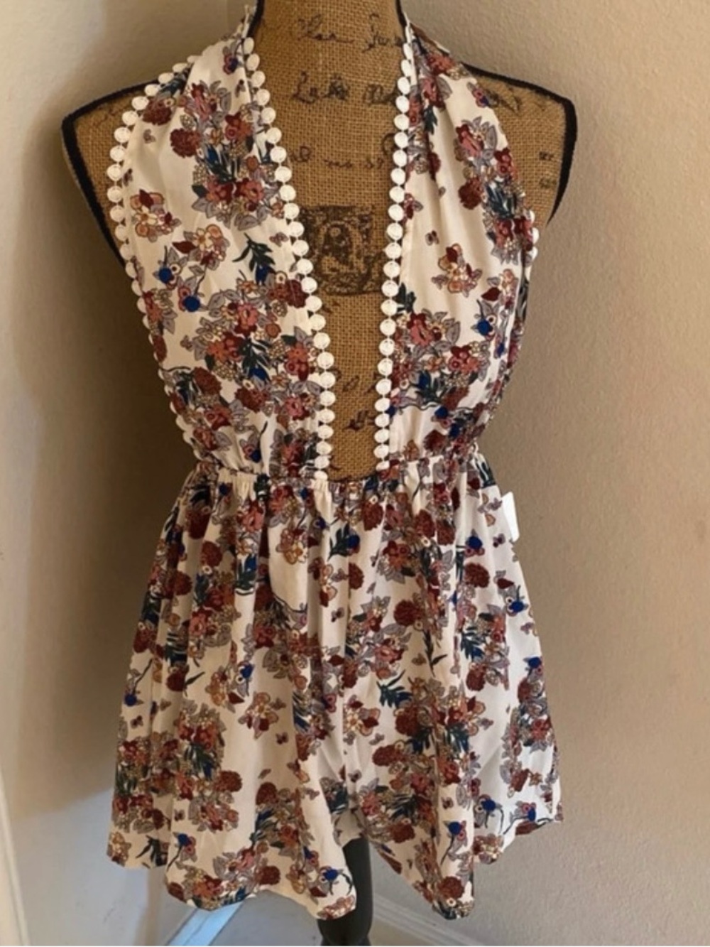 Floral Halter Romper in White with Brown & Blue Print